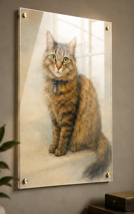Plexiglas portret met afstandhouders aan de muur